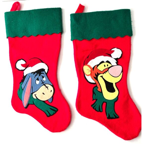 Vintage Tigger‎ Eeyore Christmas Stocking Felt Holiday Disney Large Santa Hat - Picture 1 of 3